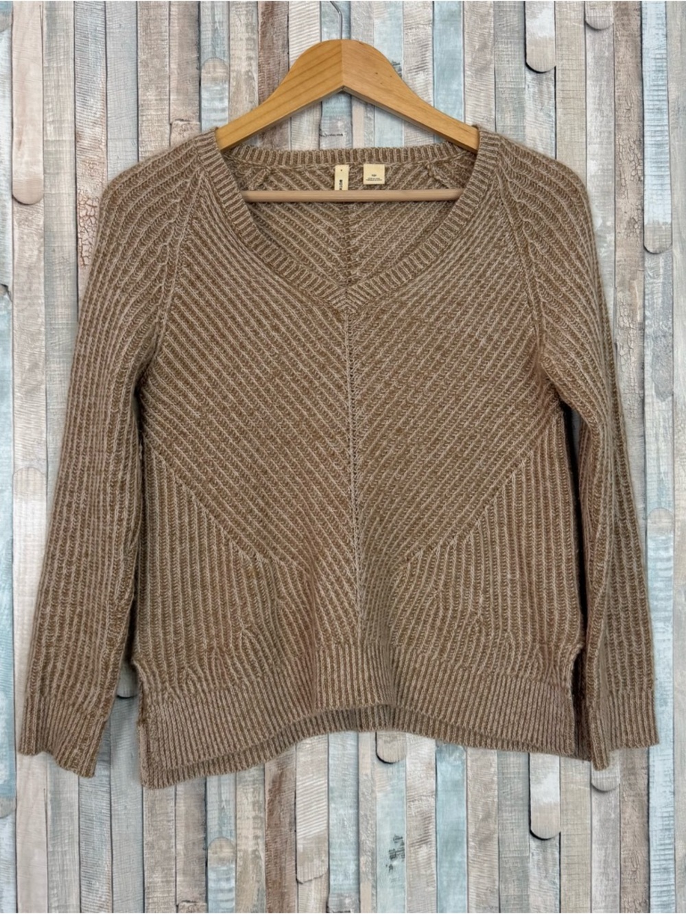 Anthropologie XSP Tan Cabled 100% Cashmere Knit Pullover V Neck Sweater Top Boxy
